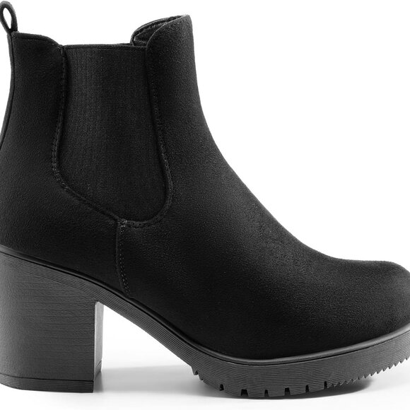 Women's High Chunky Heel Chelsea Ankle Boots Slip On Elastic Fall Heeled Booties - Picture 2 of 6